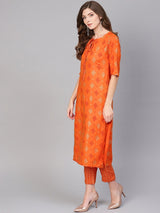Orange Rayon Block Printed Kurta With Orange Block Printed Trouser