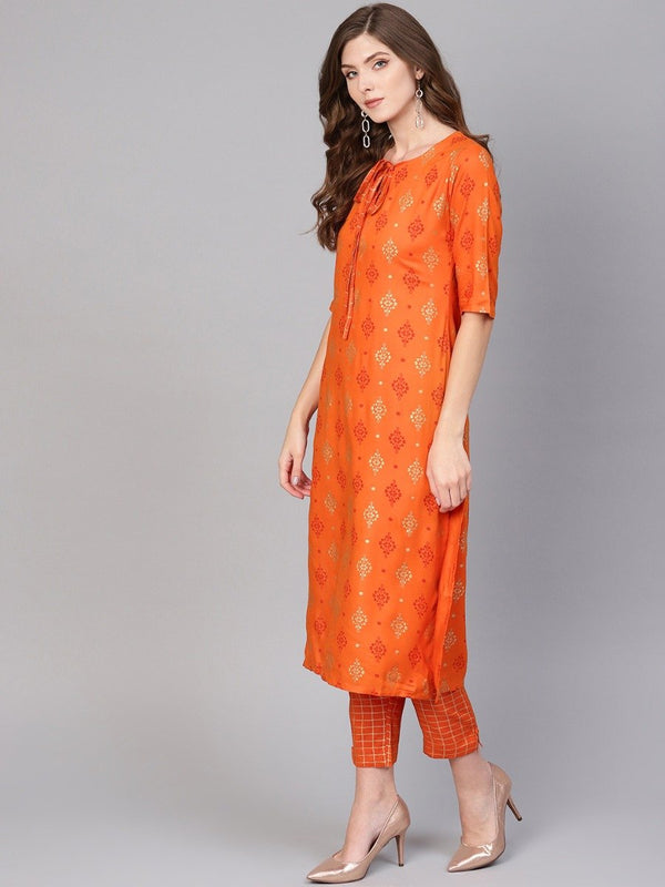 Orange Rayon Block Printed Kurta With Orange Block Printed Trouser