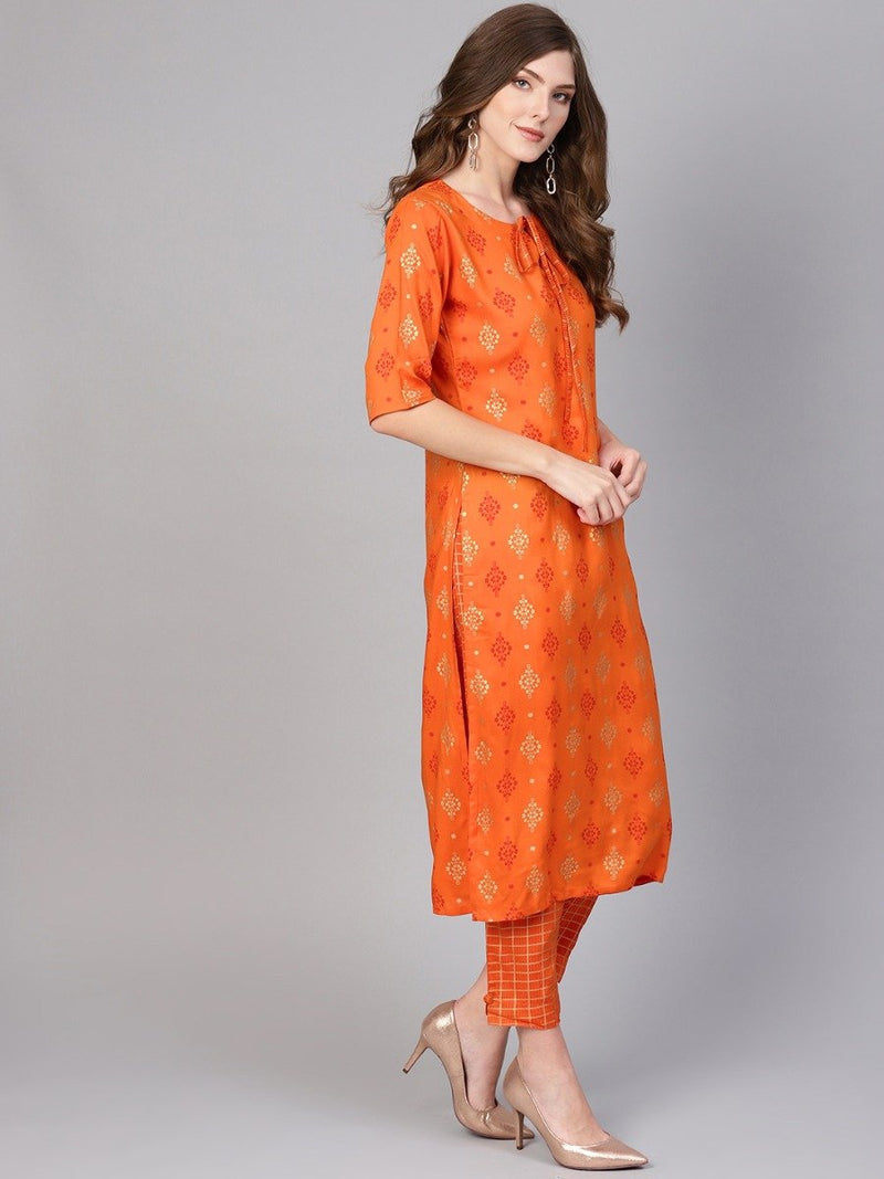 Orange Rayon Block Printed Kurta With Orange Block Printed Trouser