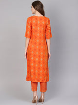 Orange Rayon Block Printed Kurta With Orange Block Printed Trouser