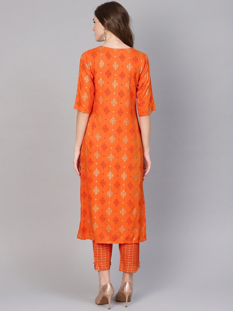 Orange Rayon Block Printed Kurta With Orange Block Printed Trouser