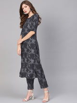 Blue Rayon Printed Straight Kurta With Blue Printed Trouser