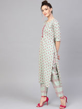 Green Cotton Printed Straight Kurta With Green Checkered Trouser