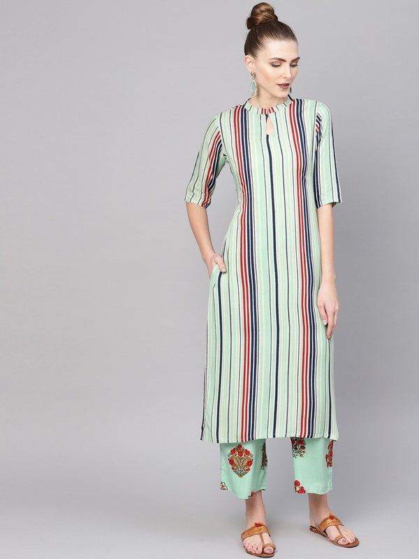 Multi Striped Rayon Straight Kurta With Green Rayon Printed Palazzo With Both Side Pocket