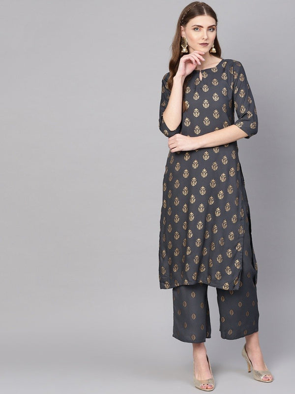 Grey Rayon Block Printed Straight Kurta With Grey Rayon Block Printed Palazzo With Both Side Pocket