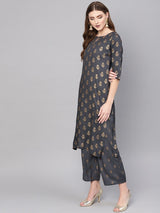 Grey Rayon Block Printed Straight Kurta With Grey Rayon Block Printed Palazzo With Both Side Pocket
