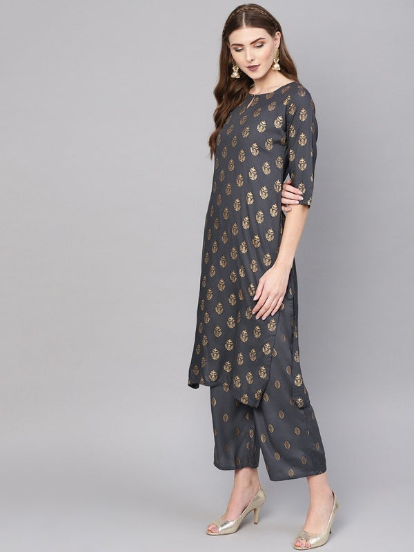 Grey Rayon Block Printed Straight Kurta With Grey Rayon Block Printed Palazzo With Both Side Pocket