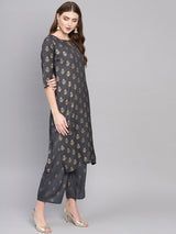 Grey Rayon Block Printed Straight Kurta With Grey Rayon Block Printed Palazzo With Both Side Pocket