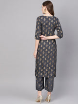 Grey Rayon Block Printed Straight Kurta With Grey Rayon Block Printed Palazzo With Both Side Pocket