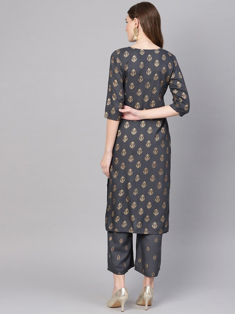 Grey Rayon Block Printed Straight Kurta With Grey Rayon Block Printed Palazzo With Both Side Pocket