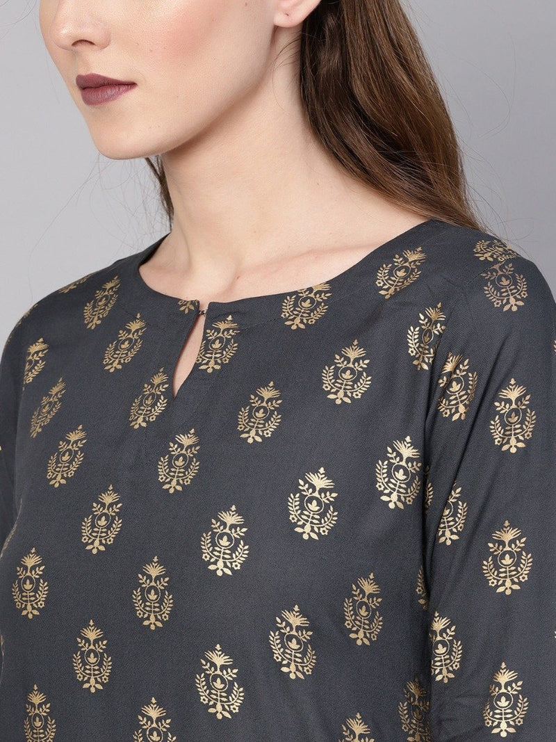 Grey Rayon Block Printed Straight Kurta With Grey Rayon Block Printed Palazzo With Both Side Pocket
