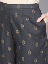 Grey Rayon Block Printed Straight Kurta With Grey Rayon Block Printed Palazzo With Both Side Pocket