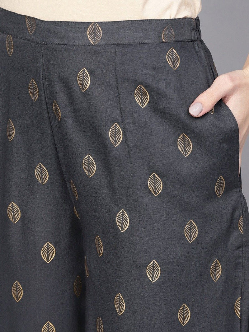 Grey Rayon Block Printed Straight Kurta With Grey Rayon Block Printed Palazzo With Both Side Pocket