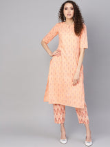 Orange Cotton Printed Straight Kurta With Orange Cotton Printed Trouser With Both Side Pocket