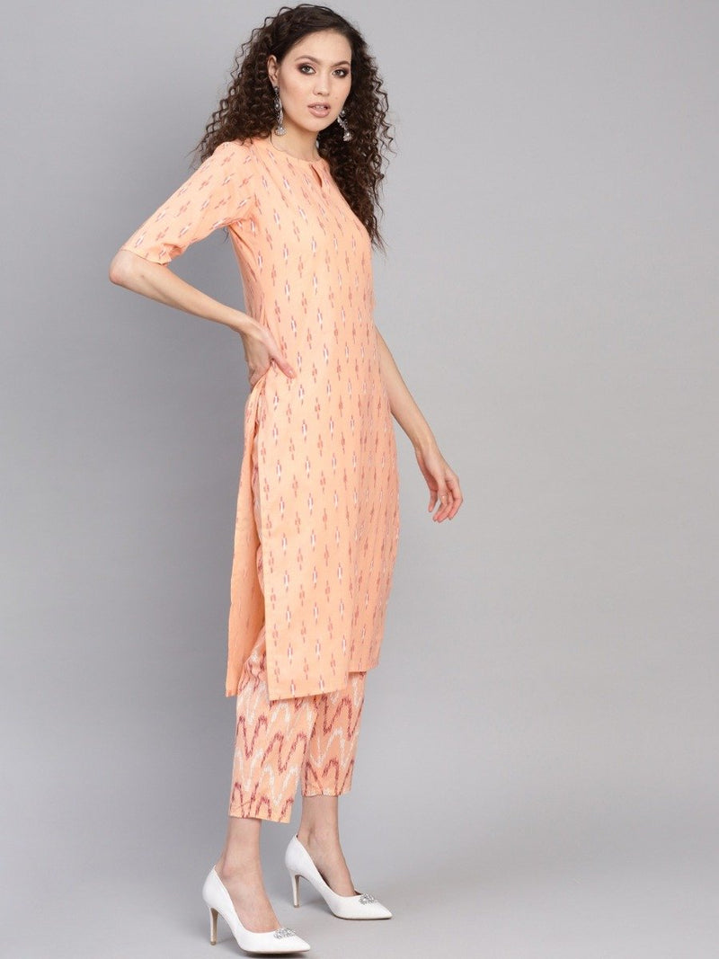Orange Cotton Printed Straight Kurta With Orange Cotton Printed Trouser With Both Side Pocket