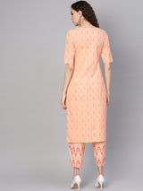 Orange Cotton Printed Straight Kurta With Orange Cotton Printed Trouser With Both Side Pocket