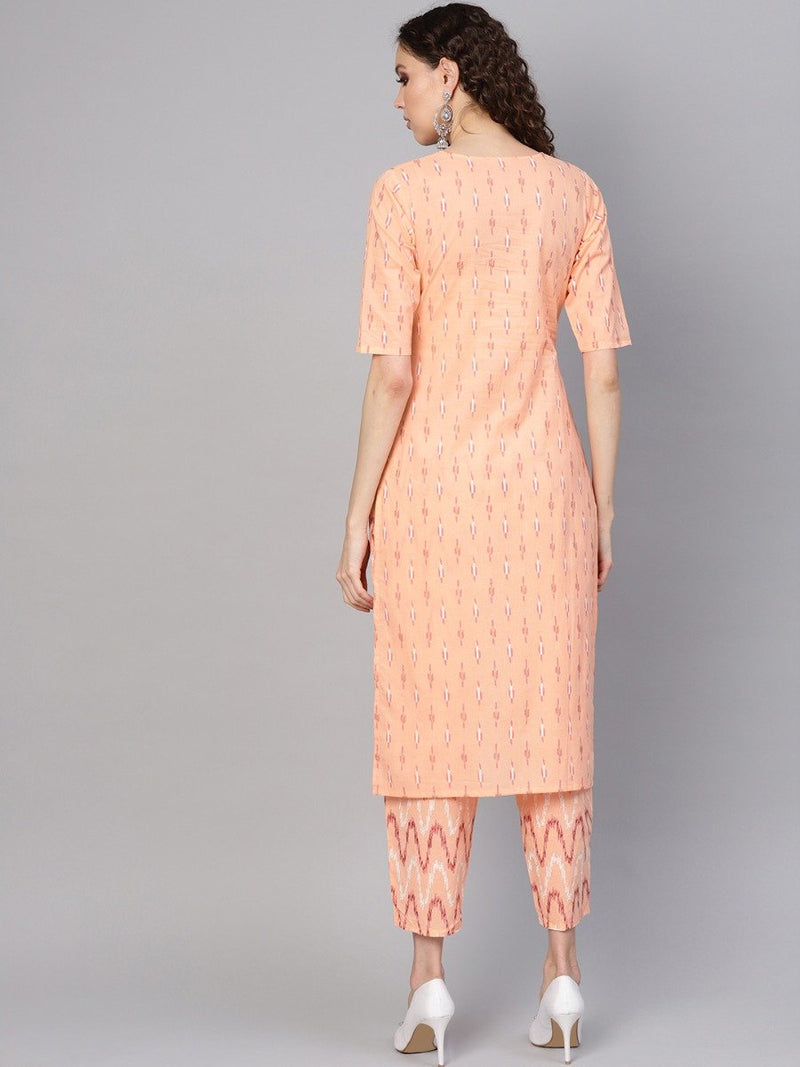 Orange Cotton Printed Straight Kurta With Orange Cotton Printed Trouser With Both Side Pocket