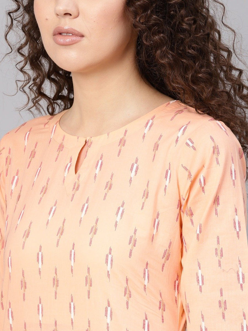 Orange Cotton Printed Straight Kurta With Orange Cotton Printed Trouser With Both Side Pocket