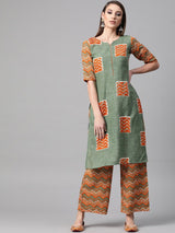 Green Linen Printed Straight Kurta With Palazzo