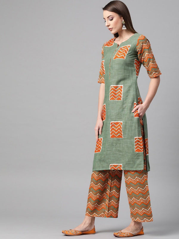 Green Linen Printed Straight Kurta With Palazzo
