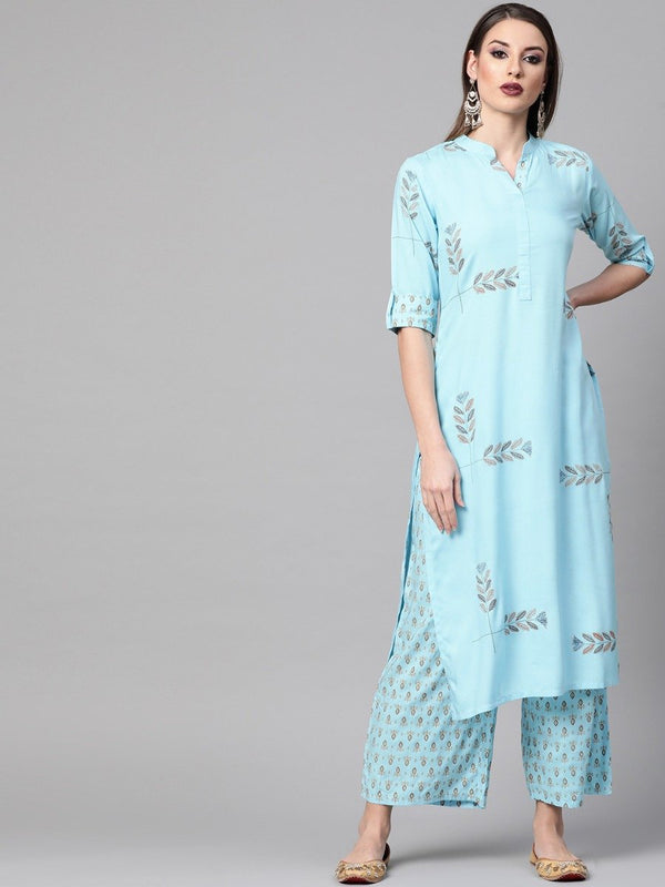 Blue Rayon Block Printed Straight Kurta With Palazzo