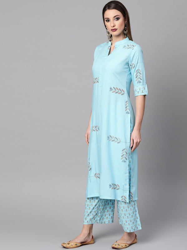 Blue Rayon Block Printed Straight Kurta With Palazzo