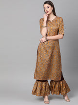Multi Chanderi Printed Straight Kurta With Frill Palazzo