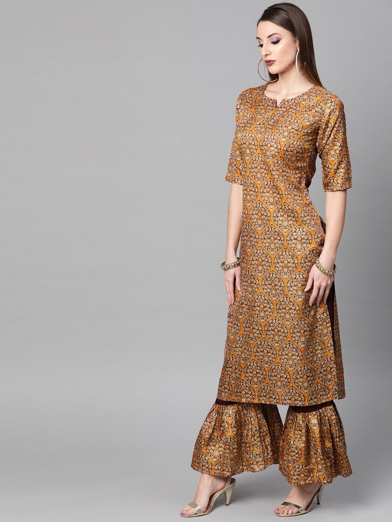 Multi Chanderi Printed Straight Kurta With Frill Palazzo