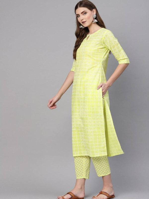 Yellow Cotton Printed Straight Kurta With Yellow Cotton Printed Trouser With Both Side Pocket