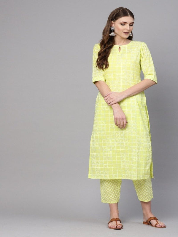 Yellow Cotton Printed Straight Kurta With Yellow Cotton Printed Trouser With Both Side Pocket