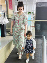Green Cotton Printed Straight Kurta With Green Checkered Trouser