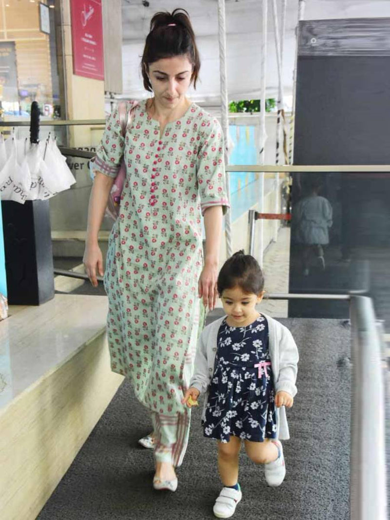 Green Cotton Printed Straight Kurta With Green Checkered Trouser